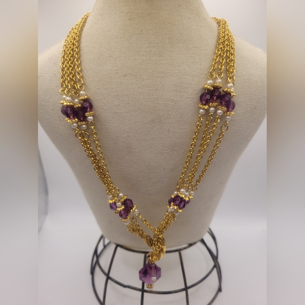 Avon 90's Violet Purple Faceted Beads Faux Pearl Vintage Gold-Tone Necklace
